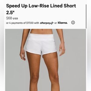 lululemon white speed up 2.5 inch short (size 8)